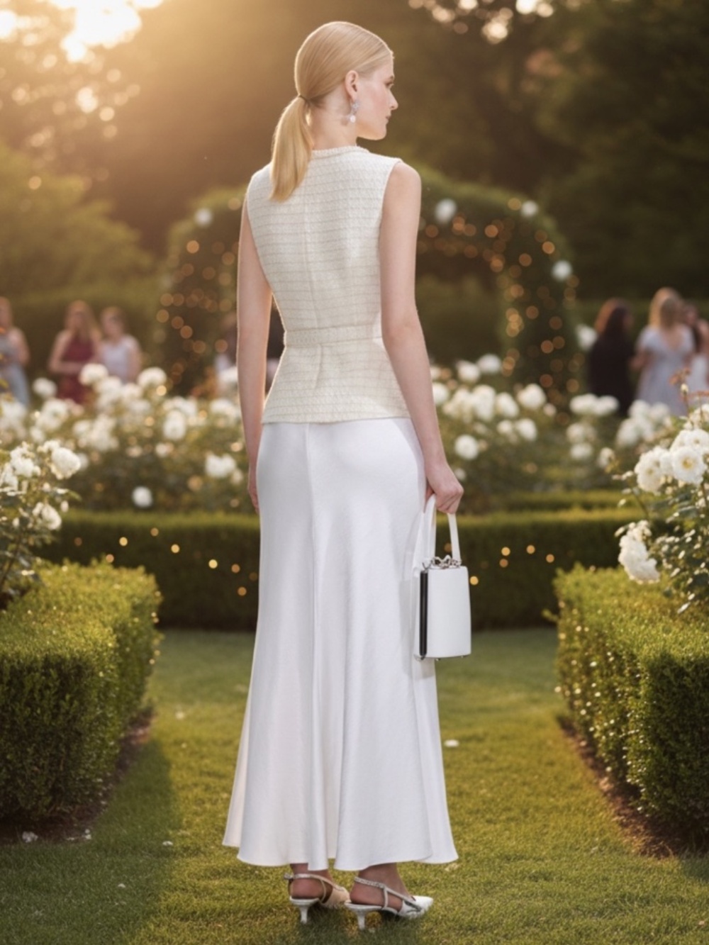 Self-Portrait Cream Tweed Midi Dress with Bow and Belt - Picture 6 of 9